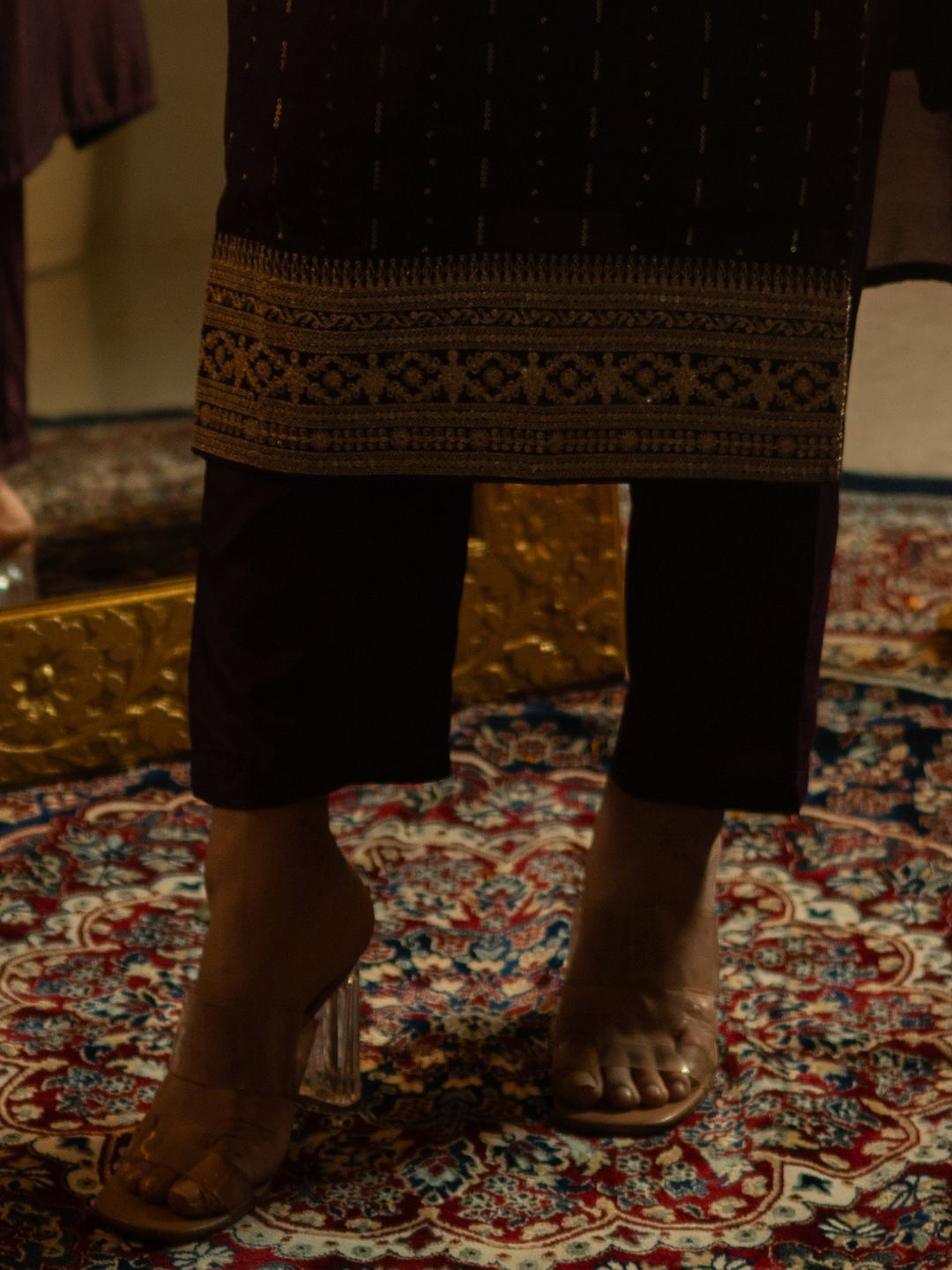 Sequinned Embroidered Round Neck Kurta With Trousers & Dupatta