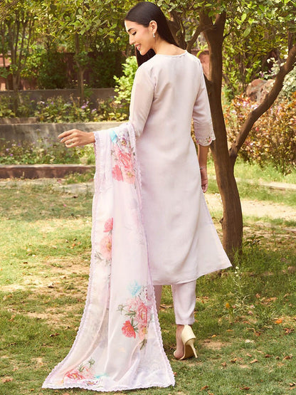 Floral Embroidered Straight Kurta With Trousers & Dupatta