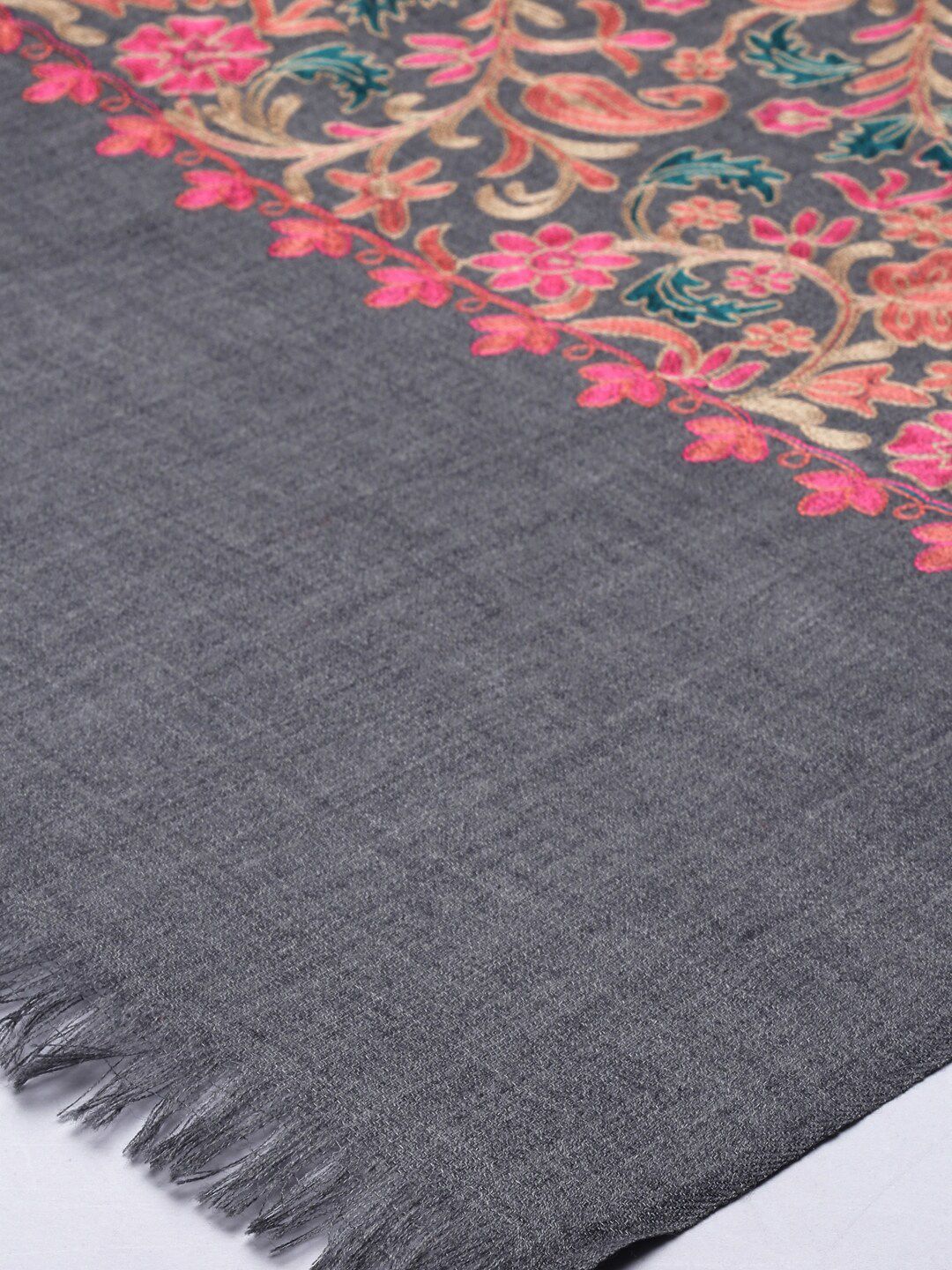 Dhiyona PA Women Grey & Pink Embroidered Pure Wool Shawl