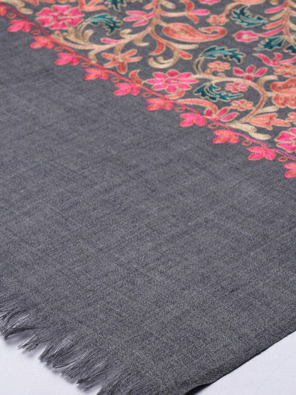 Dhiyona PA Women Grey & Pink Embroidered Pure Wool Shawl