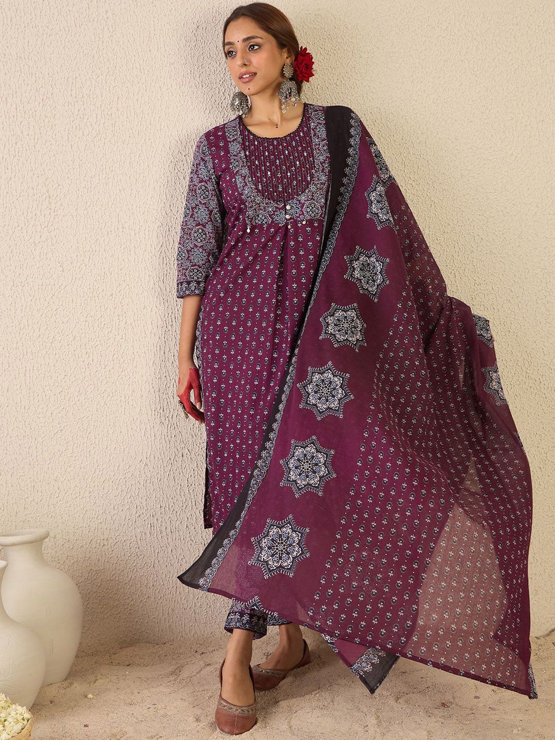 Women Ethnic Motifs Printed Pure Cotton Kurta with Trousers & Dupatta Kurta Sets