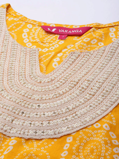 Dhiyona VA Women's Mustard Yellow Bandhani Printed Pure Cotton Kurta with Sharara & Dupatta