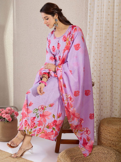 Women Floral Printed Cotton Kurta with Trousers & Dupatta