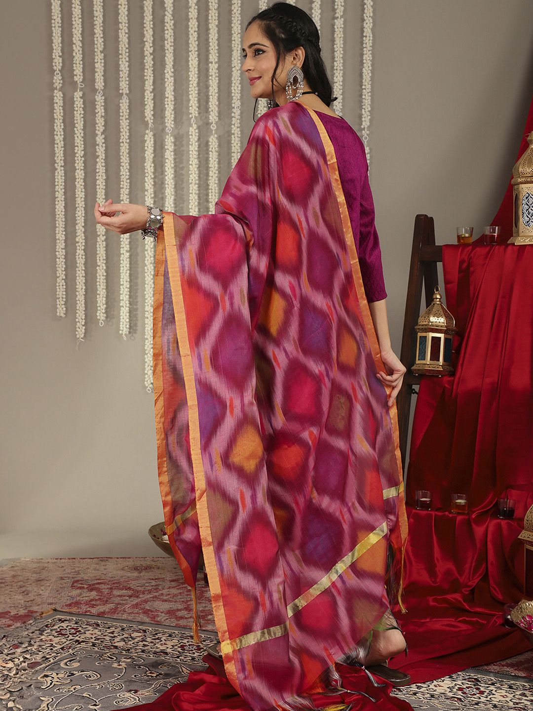 Dhiyona VA Women's Magenta Ethnic Motifs Yoke Design Kurta with Trousers & With Dupatta