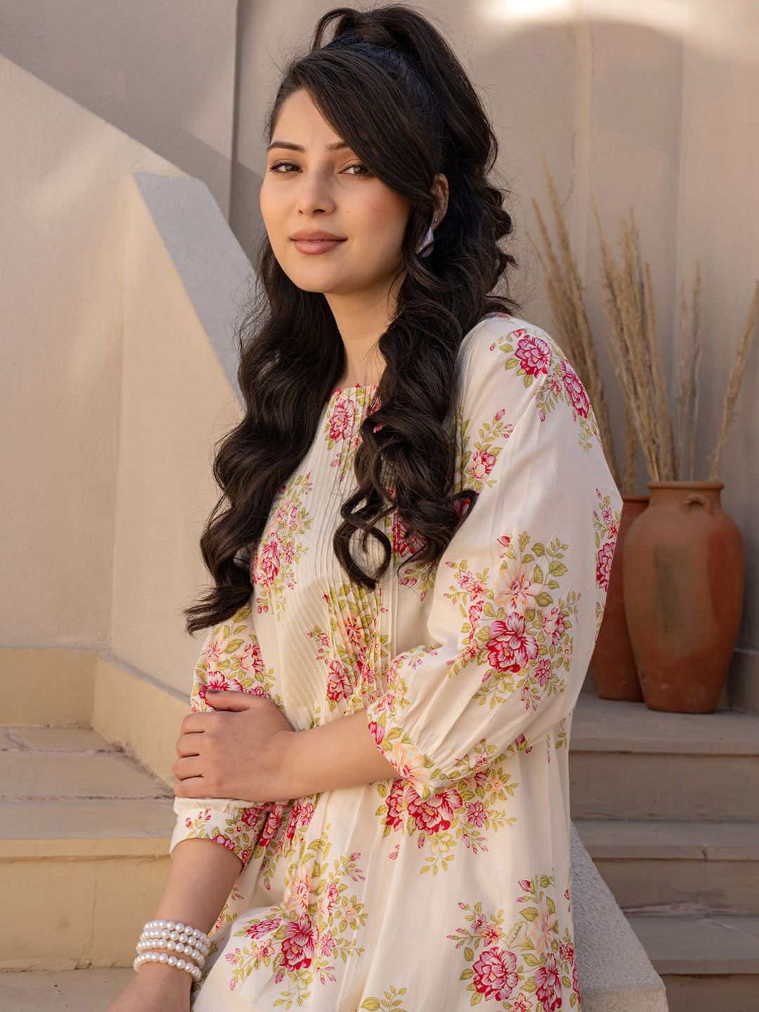 Dhiyona IE Floral Printed Pure Cotton Tunic With Trousers Co-Ords