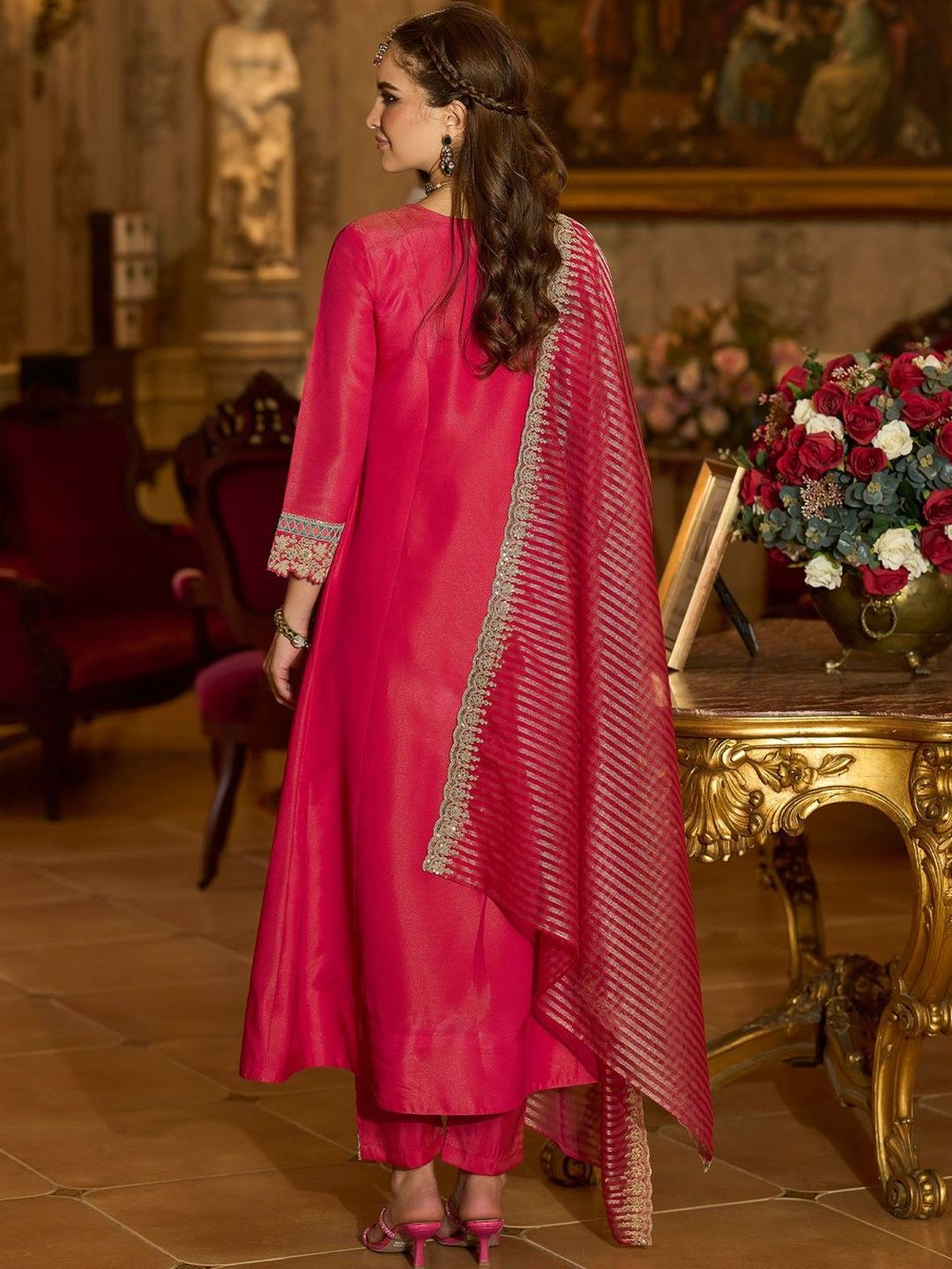 Floral Embroidered V-Neck A-Line Kurta With Trousers & Dupatta