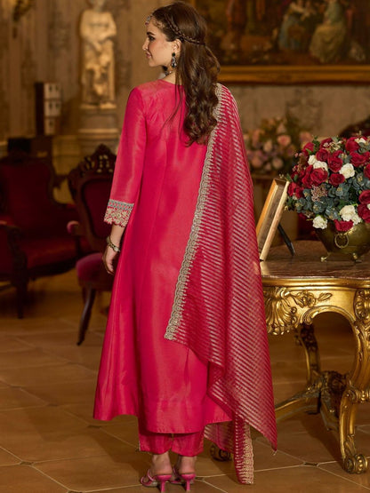 Floral Embroidered V-Neck A-Line Kurta With Trousers & Dupatta