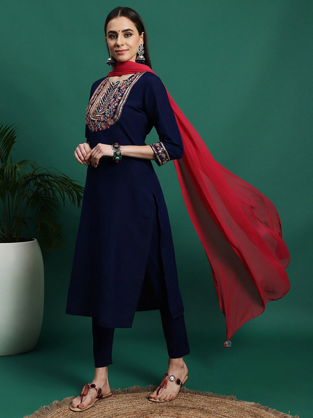 Dhiyona SN Women's Yoke Design Embroidered Pure Cotton Straight Kurta With Trousers & Dupatta