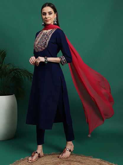 Dhiyona SN Women's Yoke Design Embroidered Pure Cotton Straight Kurta With Trousers & Dupatta