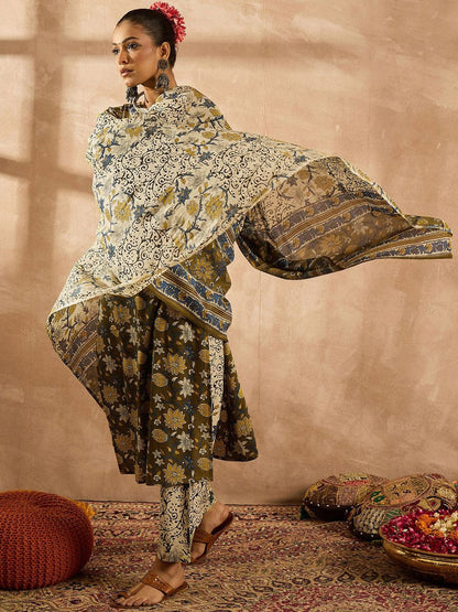 Dhiyona IE Women Floral Printed Regular Pure Cotton Kurta with Trousers & With Dupatta