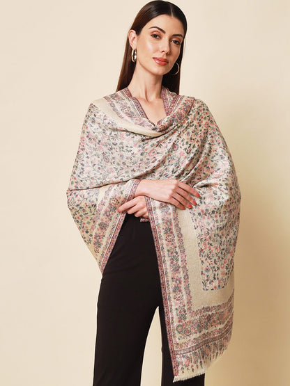 Dhiyona PA Women White Woven Design Kaani Woolen Shawl