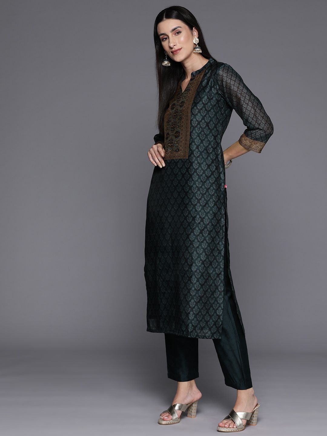 Dhiyona VA Women'sEthnic Printed Chanderi Silk Kurta with Trouser and Dupatta