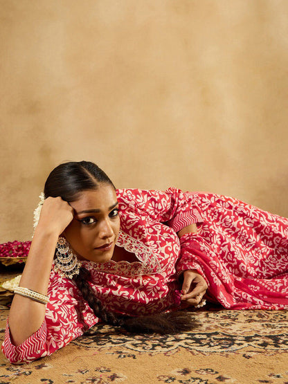 Dhiyona IE Red Floral Printed V-Neck Thread Work Straight Kurta With Trousers & Dupatta