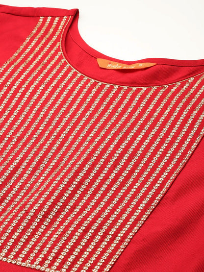 Yoke Design Pleated Sequinned Liva Kurta With Trousers & Dupatta