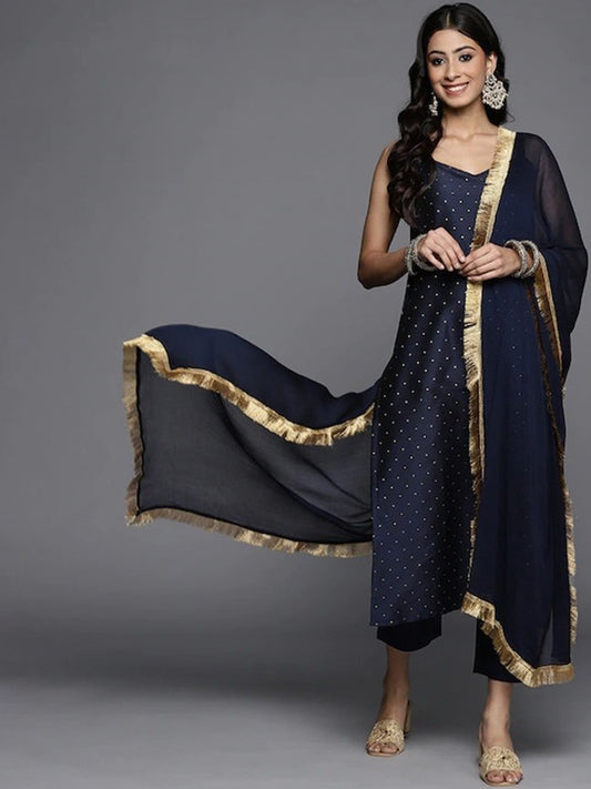 Dhiyona VA Women's Navy Blue Printed Kurta with Trousers & Dupatta
