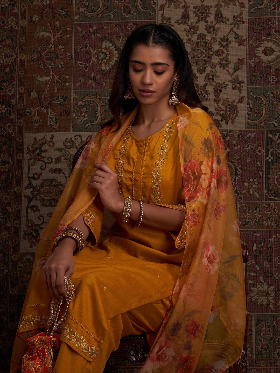 Floral Embroidered Kurta with Trousers & With Dupatta