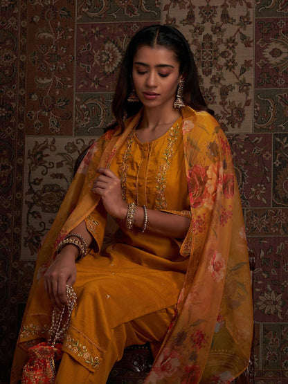 Floral Embroidered Kurta with Trousers & With Dupatta