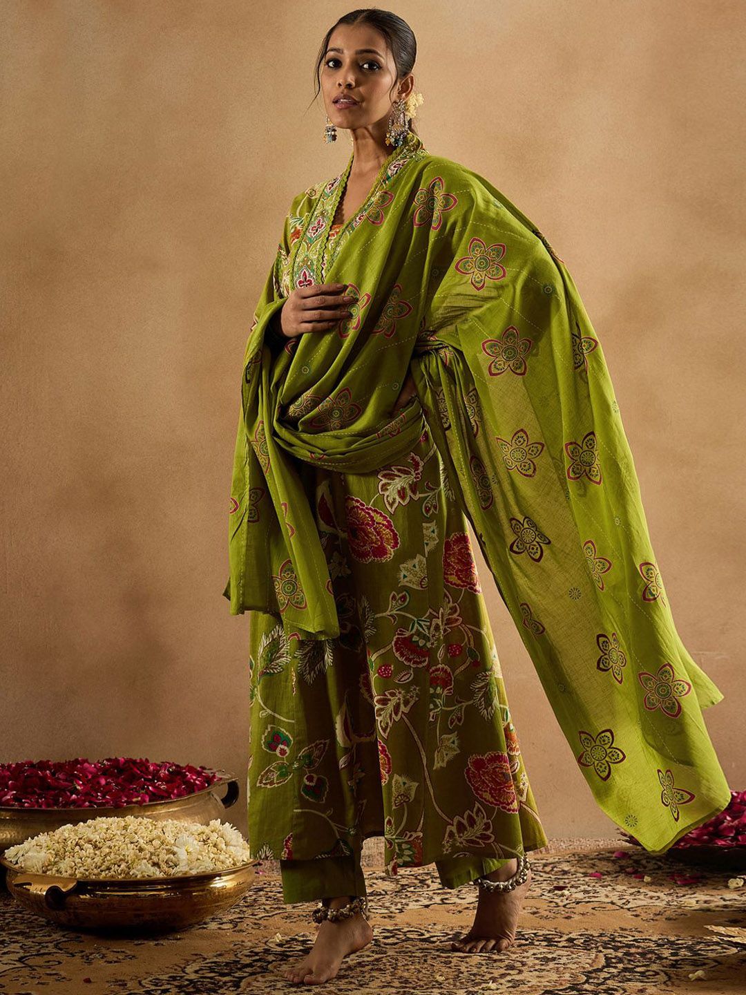 Dhiyona IE Floral Printed Empire Pure Cotton Anarkali Kurta With Trouser & Dupatta