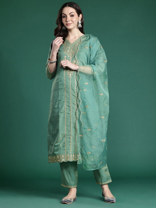 Dhiyona IE Ethnic Motifs Embroidered Gotta Patti Kurta with Trousers & Dupatta