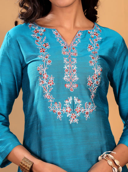 Dhiyona VA Women'sTurquoise Blue Floral Yoke Design Thread Work Kurta With Trouser & Dupatta