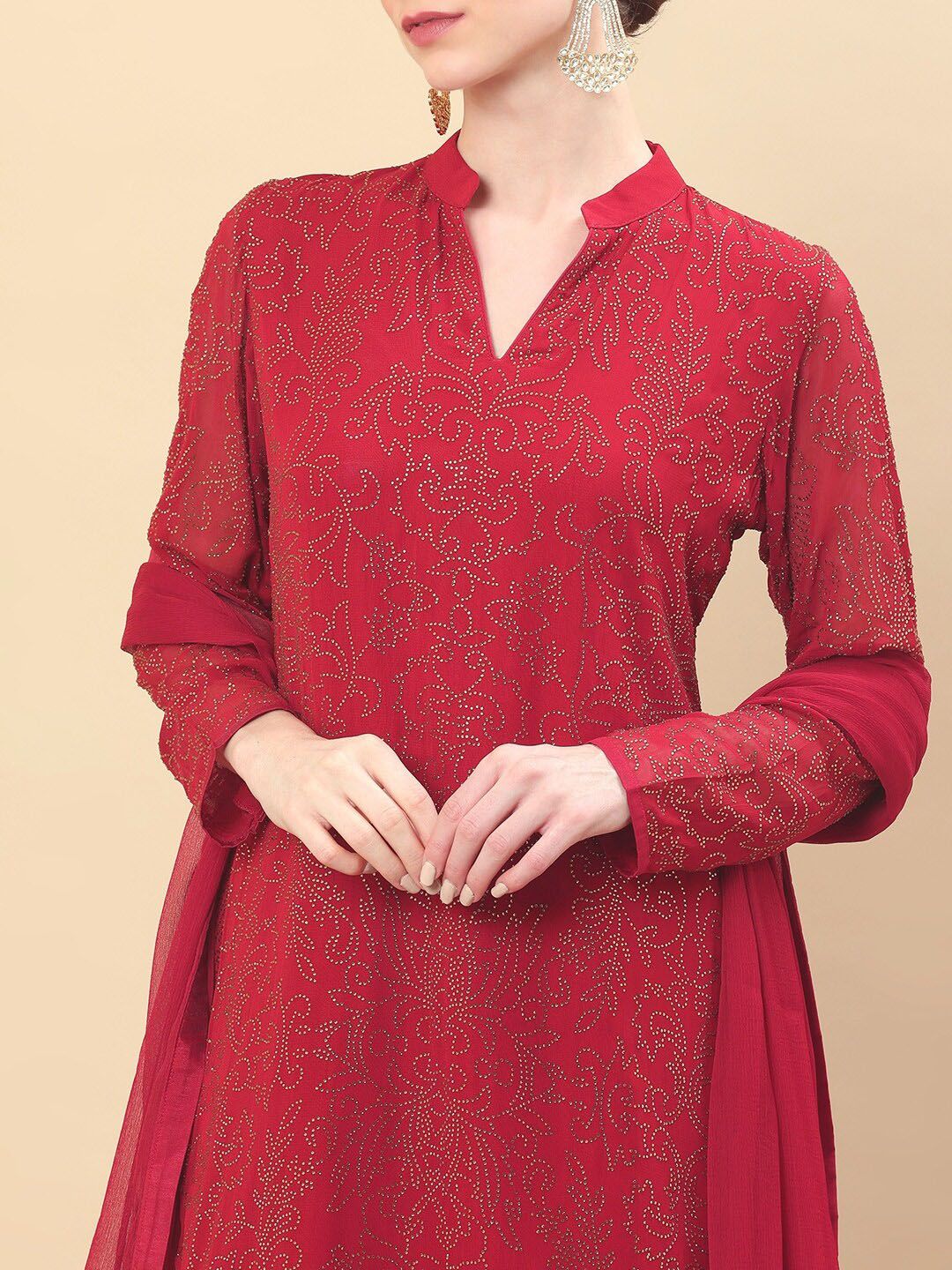 Dhiyona SO Women's Women Red Floral Embroidered Beads and Stones Kurta with Sharara & Dupatta