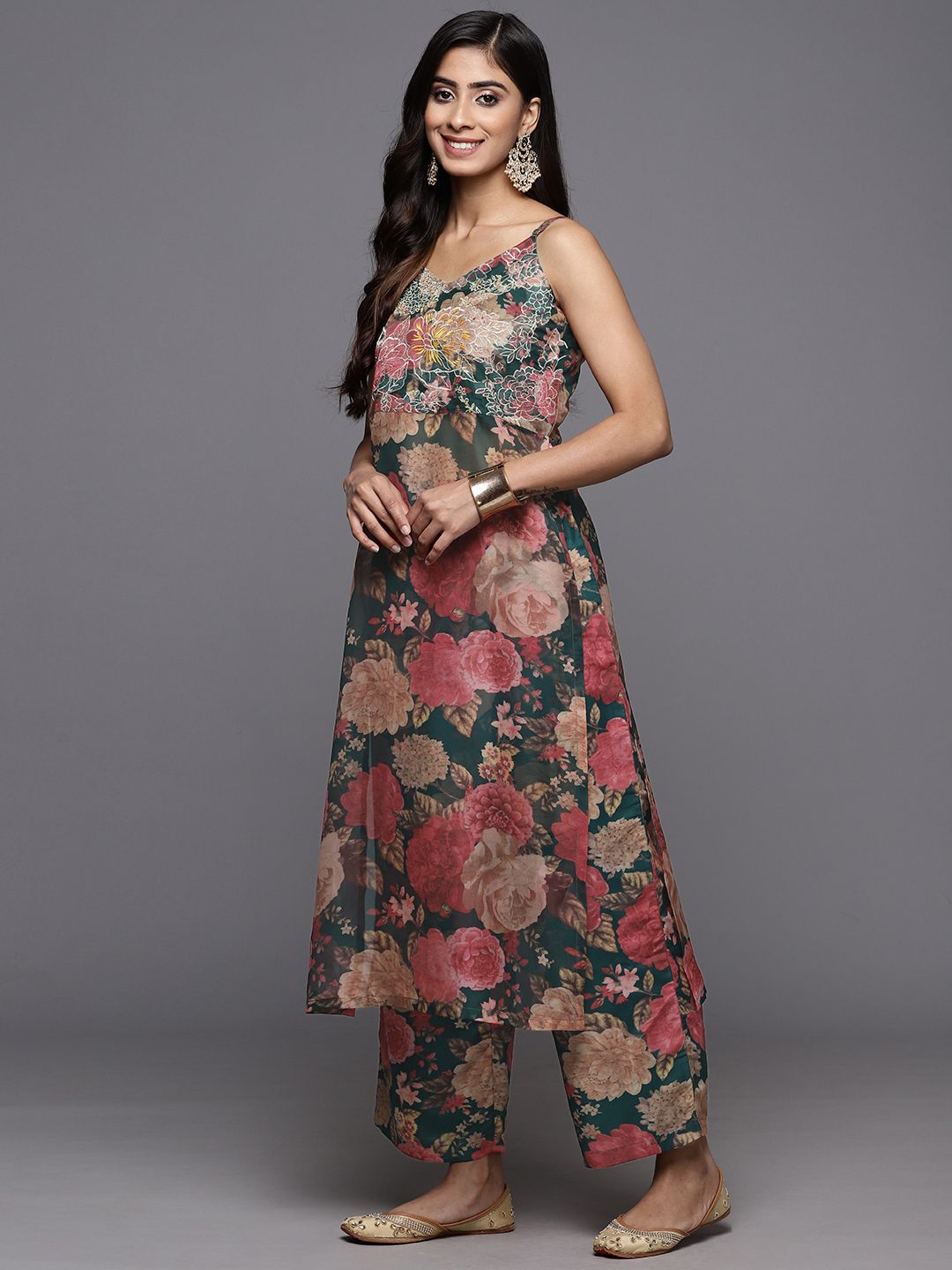 Dhiyona VA Women'sFloral Printed Zari Kurta With Palazzos & Dupatta