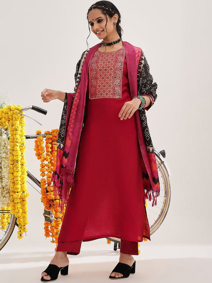 Dhiyona VA Women'sEthnic Motifs Yoke Design Straight Kurta & Trousers With Dupatta