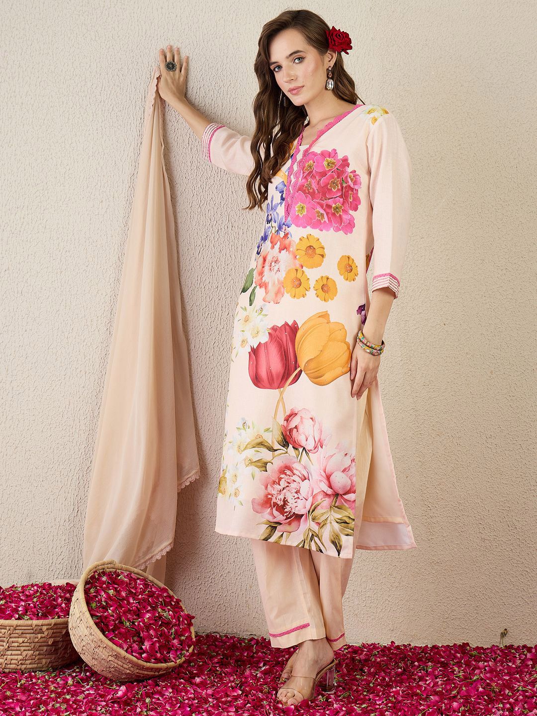 Women Floral Printed Linen Kurta with Trousers & Dupatta