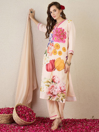 Women Floral Printed Linen Kurta with Trousers & Dupatta