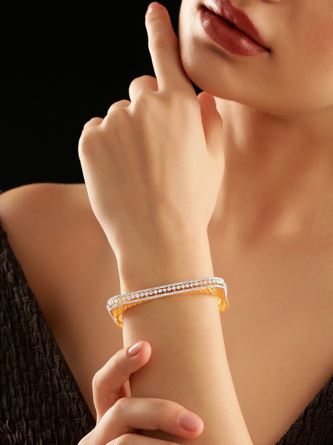 Dhiyona RJ Women's Brass Cubic Zirconia Gold-Plated Bangle-Style Bracelet