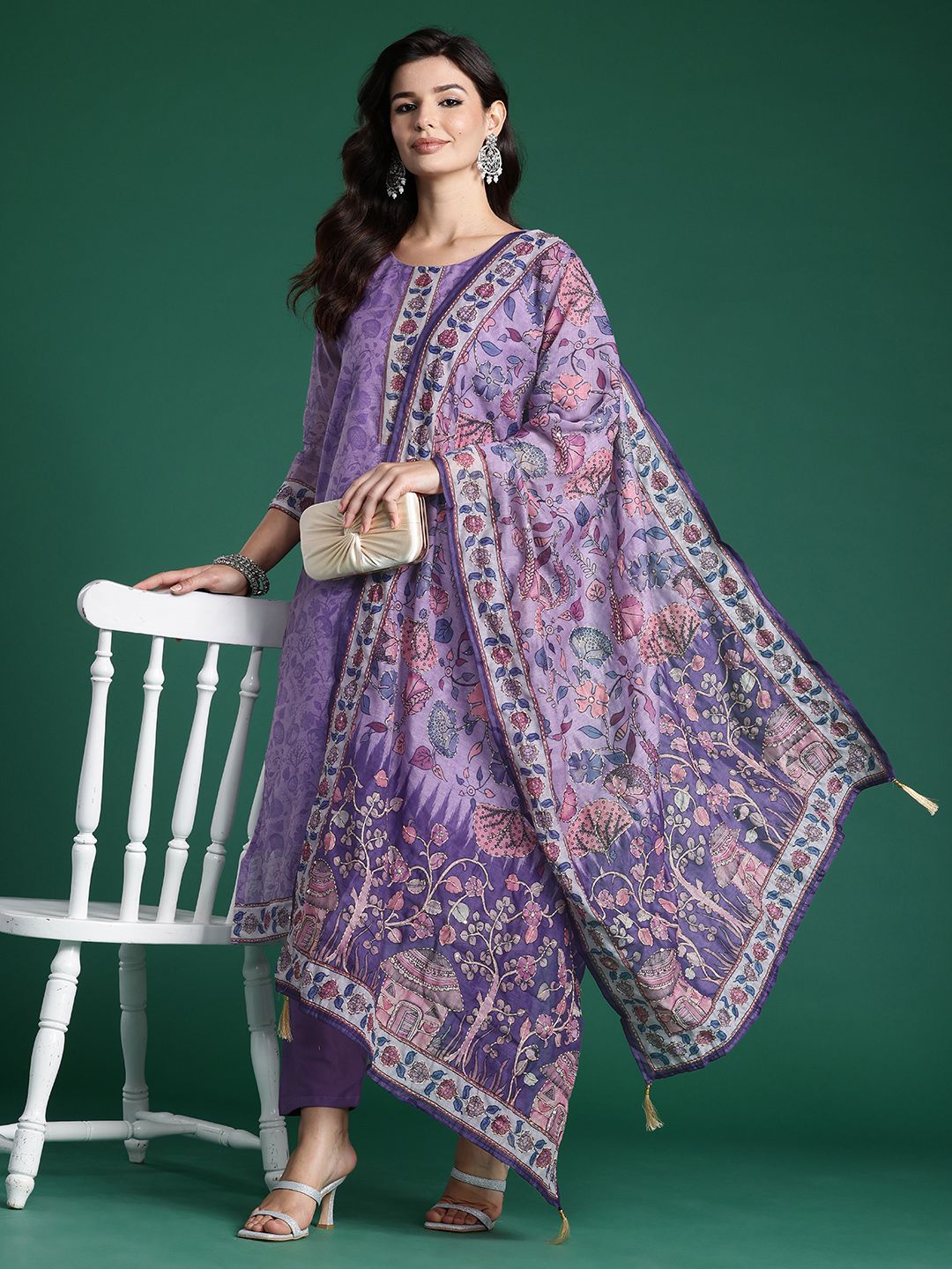 Dhiyona IE Floral Printed Beads & Stones Chanderi Silk Kurta With Trousers & Dupatta