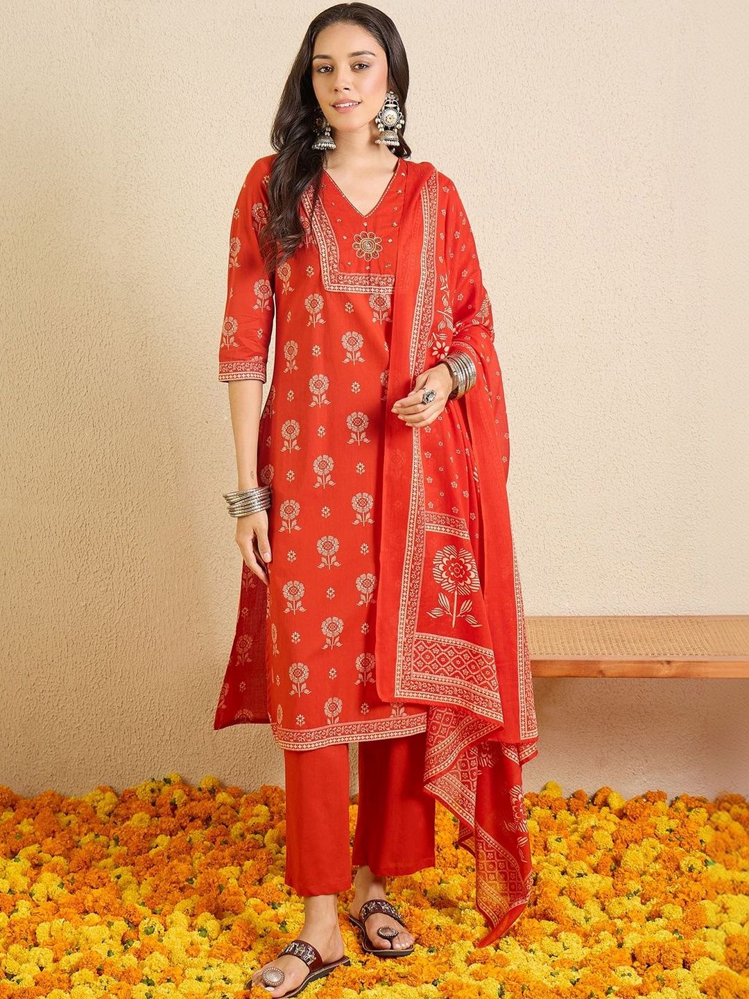 Dhiyona IE Women Ethnic Motifs Printed Regular Thread Work Pure Cotton Kurta with Trousers & With Dupatta