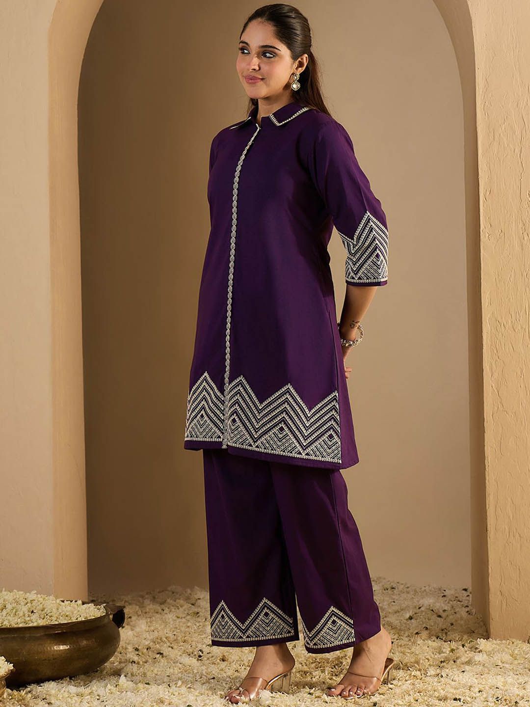 Dhiyona IE Embroidered Shirt Collar Pure Cotton A-Line Tunic With Trouser