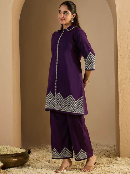 Dhiyona IE Embroidered Shirt Collar Pure Cotton A-Line Tunic With Trouser