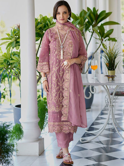Ethnic Motifs Embroidered V Neck Straight Kurta With Trousers & Dupatta