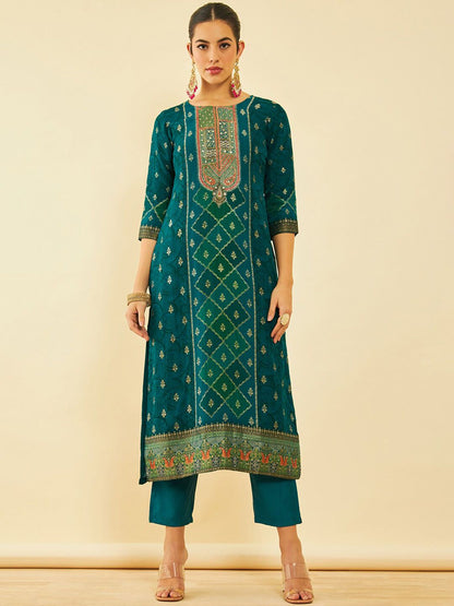 Dhiyona SO Women's Floral Printed Round Neck Three-Quarter Sleeves Kurta with Trousers & With Dupatta