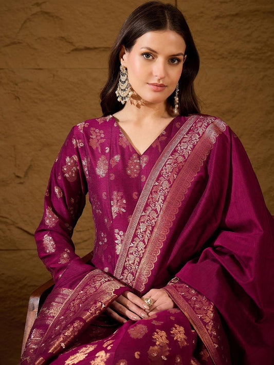 Dhiyona PD Women Women Floral Woven Design Chanderi Kurta with Palazzo & Dupatta