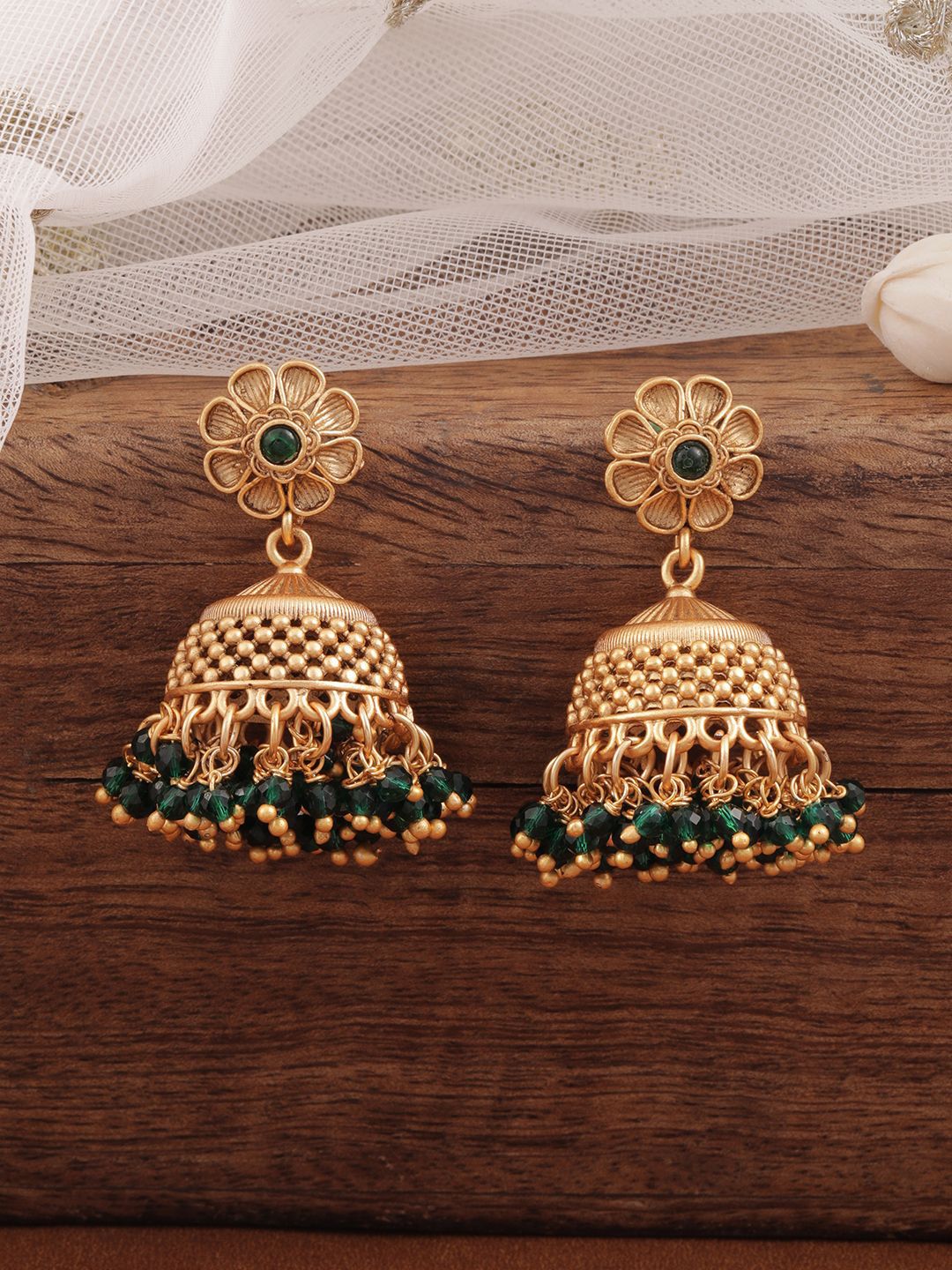 Dhiyona RJ Women's 18K Gold Plated Green Beaded Floral Motif Jhumka Earrings
