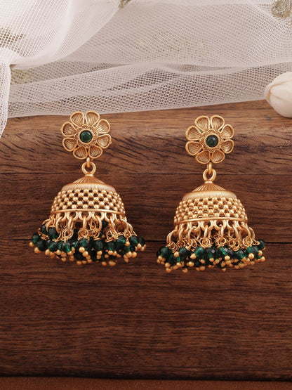 Dhiyona RJ Women's 18K Gold Plated Green Beaded Floral Motif Jhumka Earrings