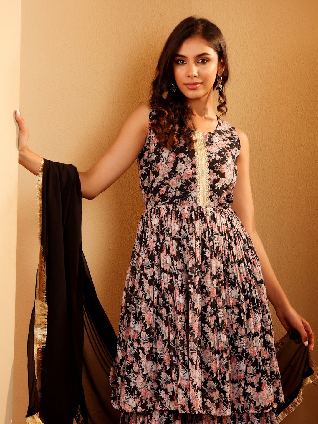 Dhiyona VA Women'sFloral Printed Round Neck Empire Anarkali Kurta With Sharara And Dupatta