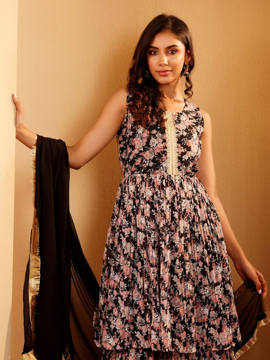 Dhiyona VA Women'sFloral Printed Round Neck Empire Anarkali Kurta With Sharara And Dupatta