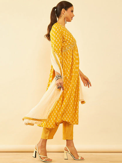 Dhiyona SO Women's Mustard Yellow Floral Printed Sequinned A-Line Kurta with Trousers & Dupatta