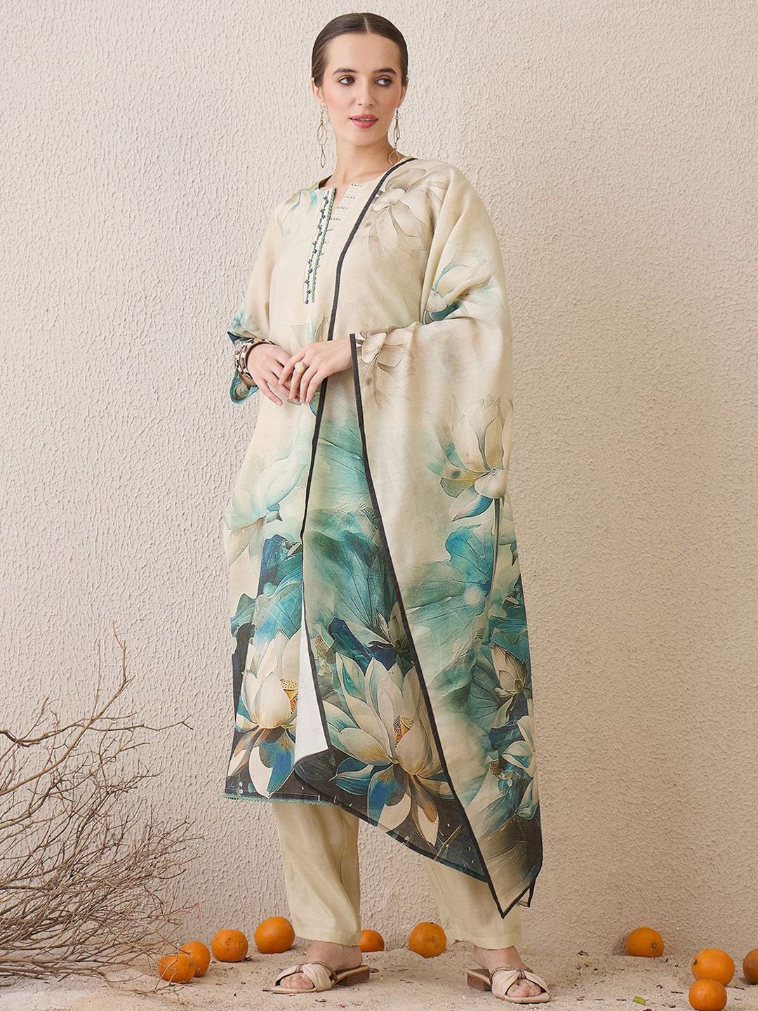 Dhiyona IE Floral Printed Notch Neck Beads & Stones Straight Kurta With Trousers & Dupatta