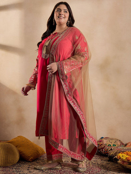 Dhiyona IN Tie-Up Neck Ethnic Motifs Embroidered Straight Kurta with Trouser & Dupatta