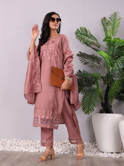 Dhiyona VA Women'sMauve Floral Embroidered Mirror Work Kurta With Trousers & Dupatta