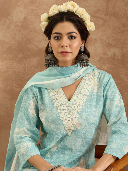 Dhiyona IE Women Floral Embroidered Pure Cotton Kurta with Trousers & Dupatta