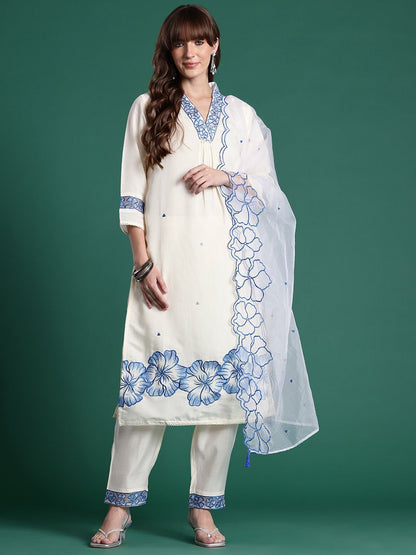 Floral Embroidered Kurta with Trousers & Dupatta