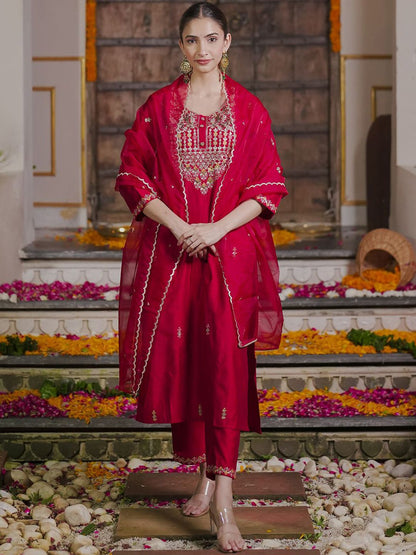 Embroidered Sequinned Straight Kurta With Trousers & Dupatta