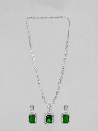 Dhiyona RJ Women's Rhodium-Plated Emerald Green & Cubic Zirconia Studded Necklace Set