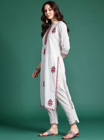 Floral Embroidered Kurta with Trousers & Dupatta